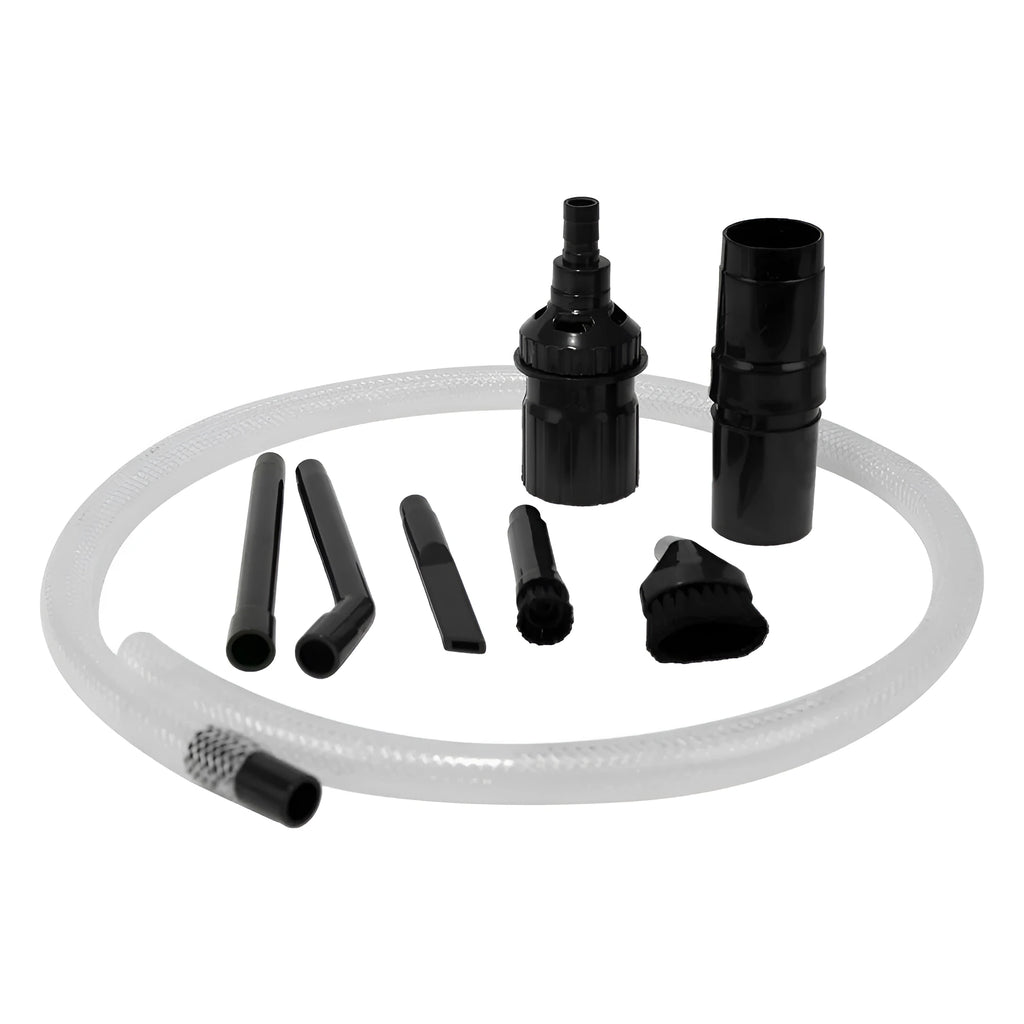 Eight-piece vacuum cleaner accessory set with small suction heads for detailed cleaning in compact rooms