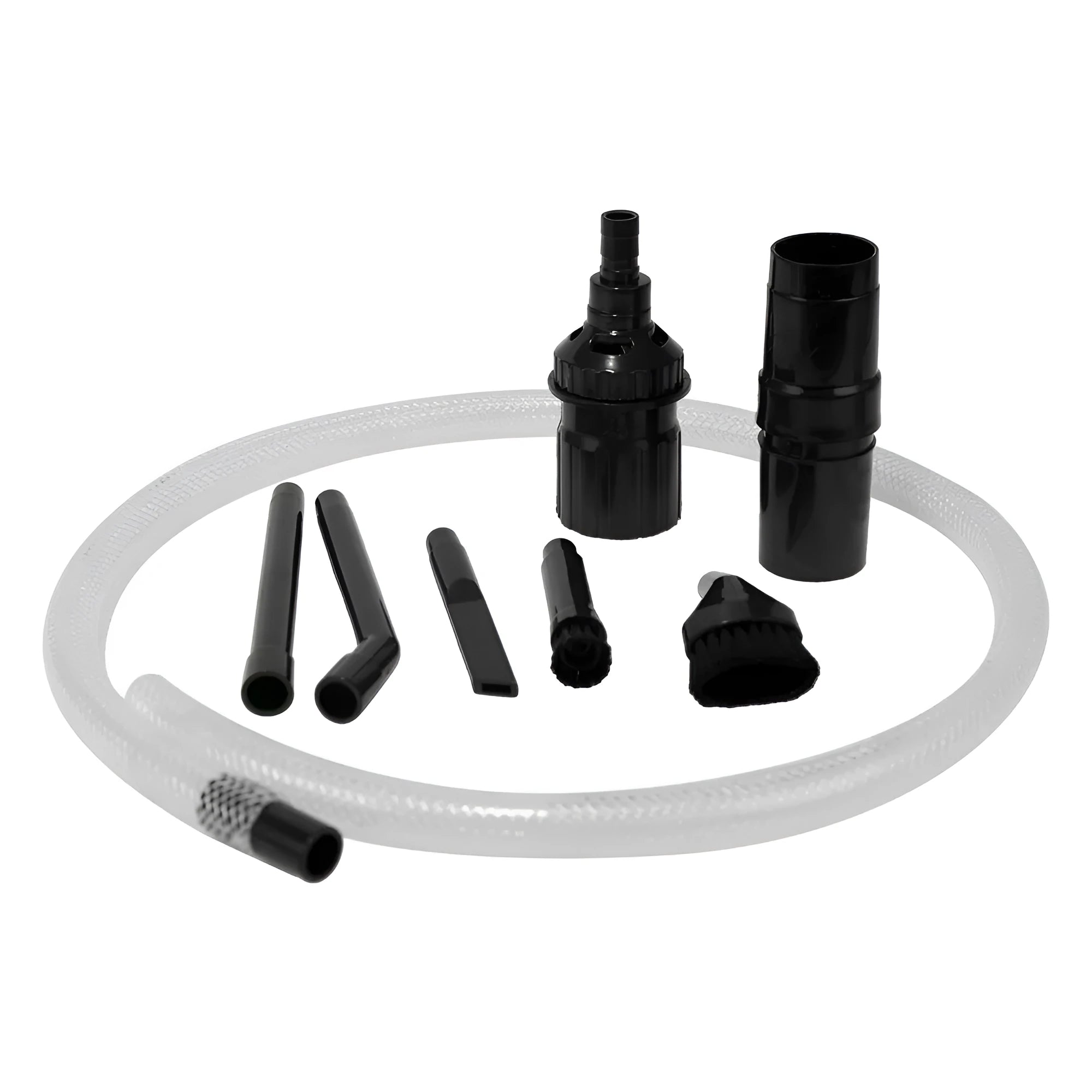 Eight-piece vacuum cleaner accessory set with small suction heads for detailed cleaning in compact rooms