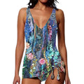 Women's blue triangle bikini swimsuit with backless design and spandex fabric.