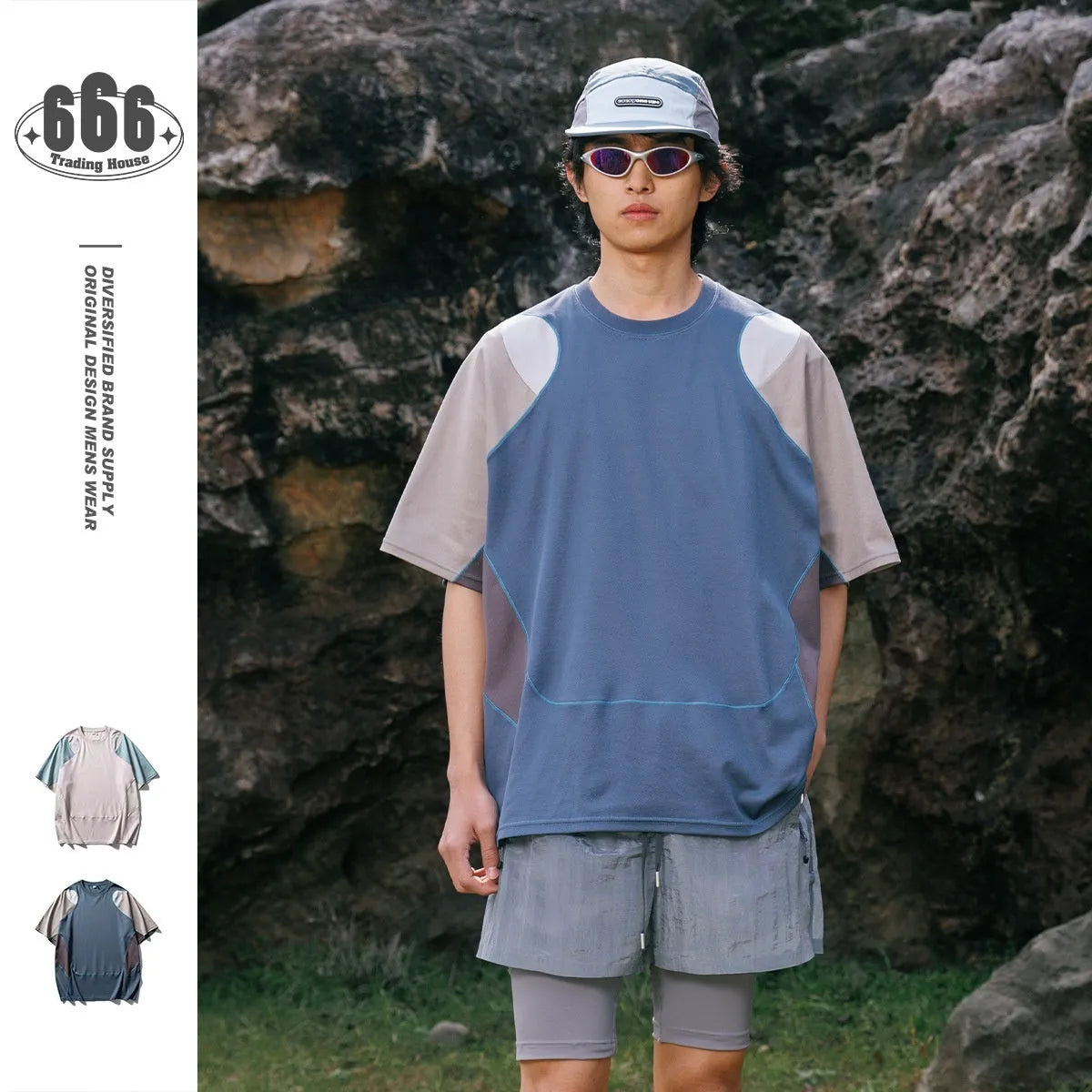 Men's loose blue patchwork t-shirt with raglan short sleeves on a mannequin.