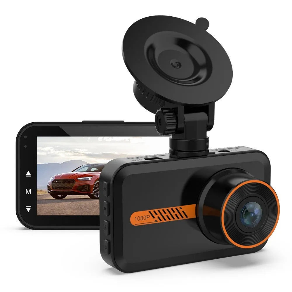 ThiEYE front and rear car dash camera with 3-inch screen mounted on car windscreen