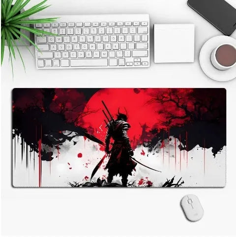 Large custom anime print gaming mouse pad on a desk with keyboard and mouse.