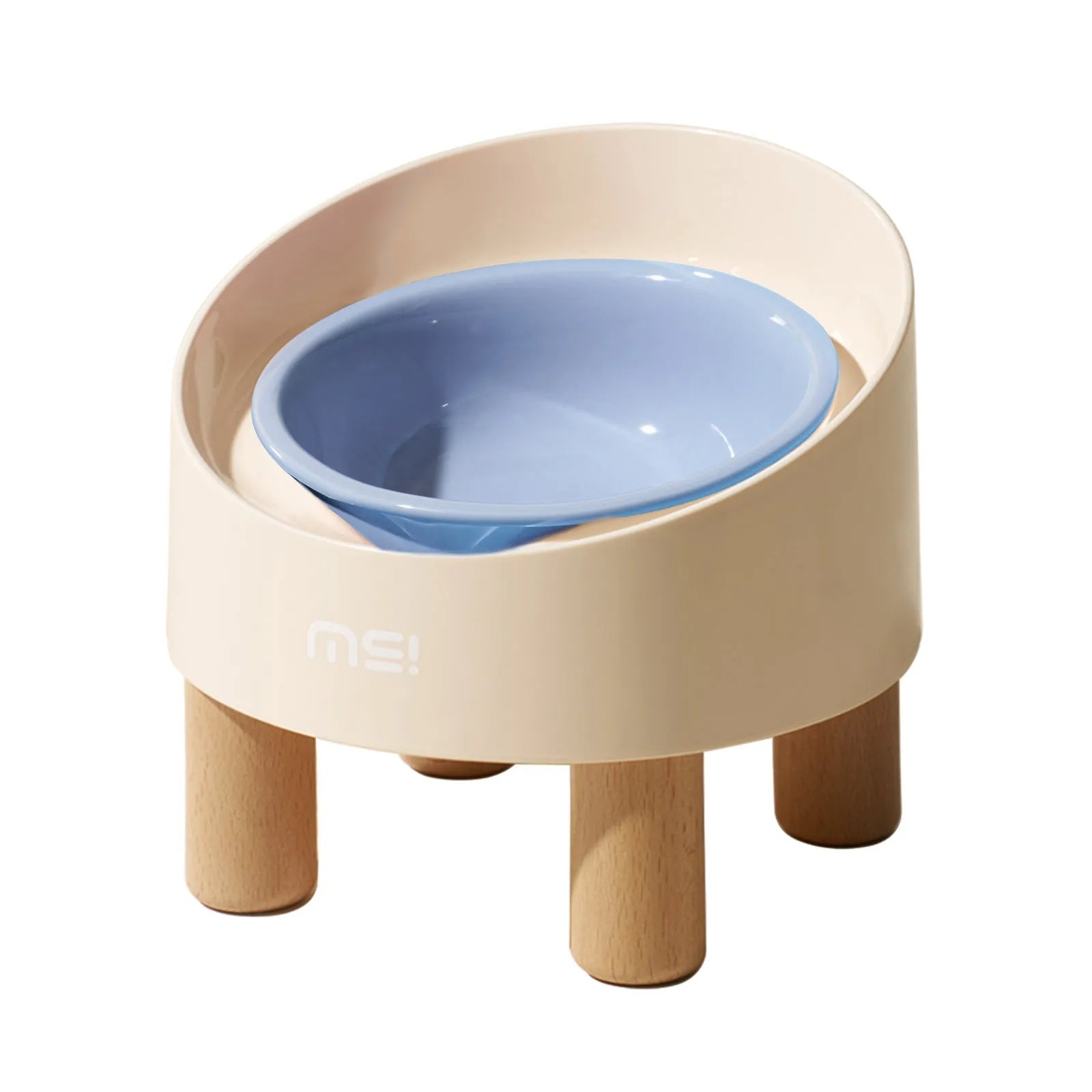 Blue purple cat ceramic food basin with high foot and oblique mouth on beech wooden feet