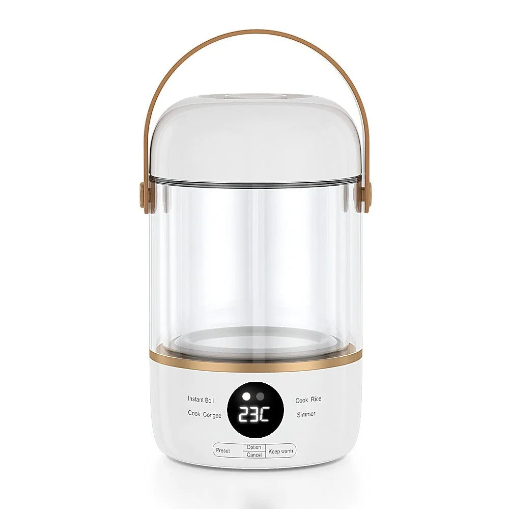 Personal portable electric stew cooker with transparent glass pot and fibreglass body on a counter.