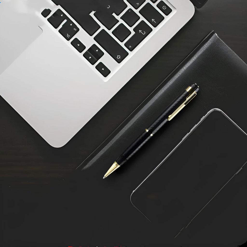 Black pen-shaped zinc alloy voice recorder shown with headset and data cable.