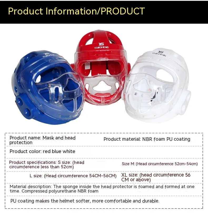 Karate protective helmet in white, blue, or red colour available in S, M, L, XL sizes for martial arts training