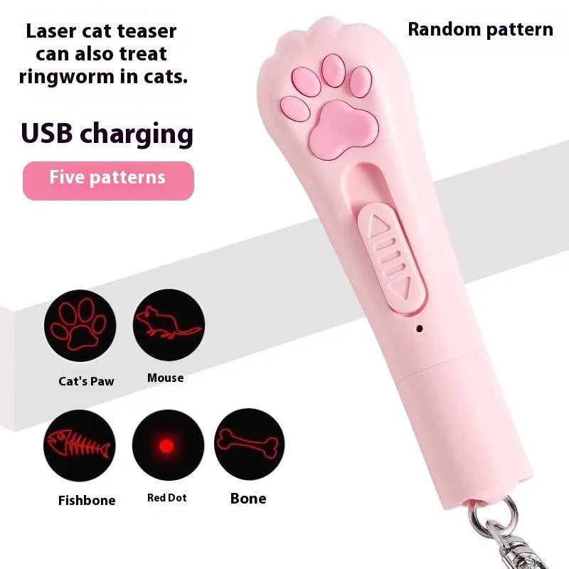 Plastic cat teaser pen light toy in cream white, pink, or sky blue colours with self-hi feature