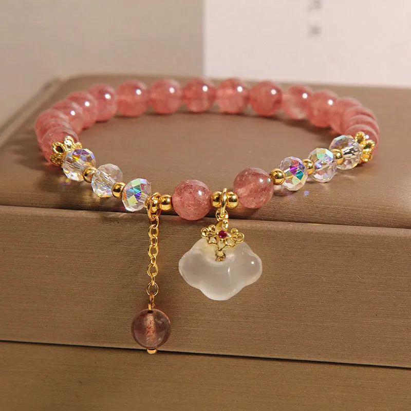 Women's adjustable strawberry quartz and white agate crystal bracelet with auspicious cloud beads