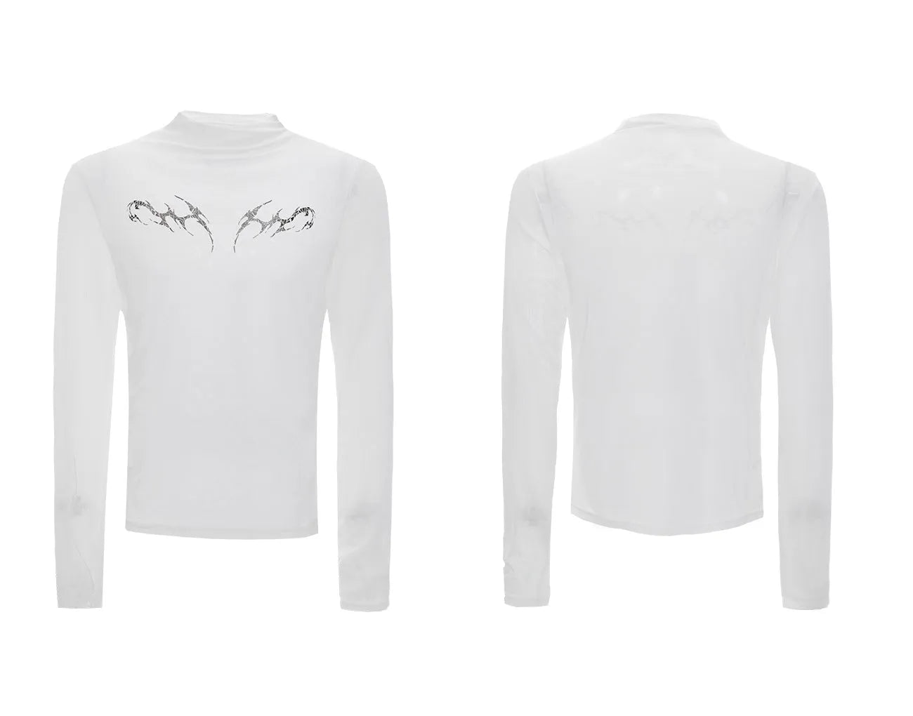Black mesh slim-fit long sleeve base layer shirt laid flat, showing its texture and cut.