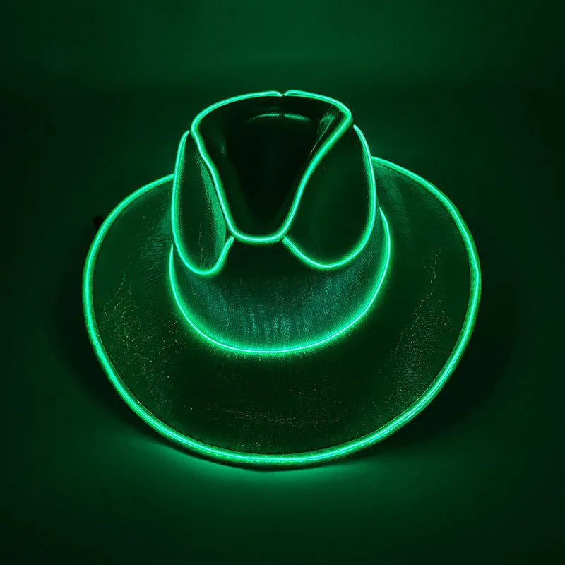 LED wireless fluorescent cowboy flashing hat in green, front view, EVA and EL wire construction, average size