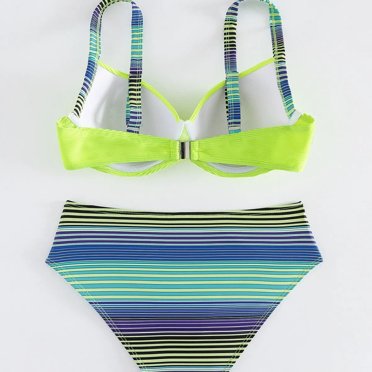 Green printed women's halter bikini set with split briefs on a mannequin