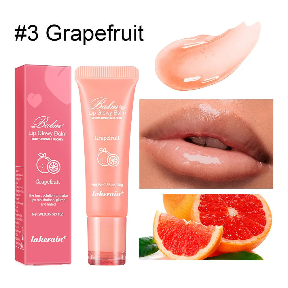 Women's lip gloss tube in one of four flavours: berry, grape, grapefruit, or yellow peach.