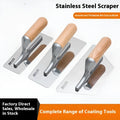 Stainless steel putty scraper with wooden handle showing three different blade size options.