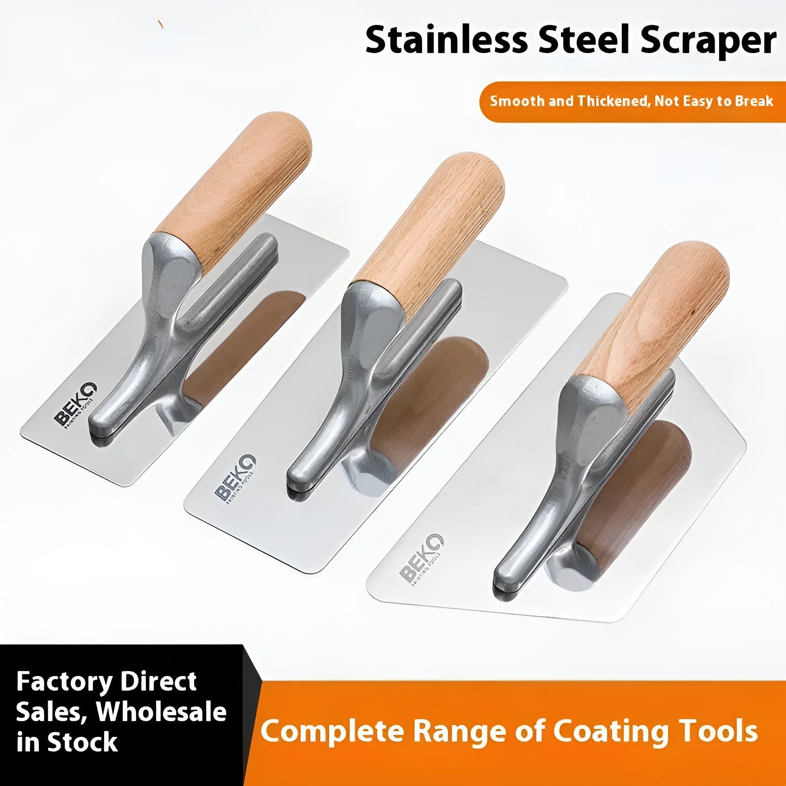 Stainless steel putty scraper with wooden handle showing three different blade size options.