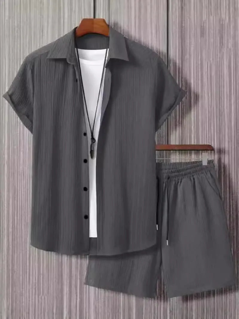 Men's jacquard suit shorts set with short sleeve top and matching trousers in solid colour