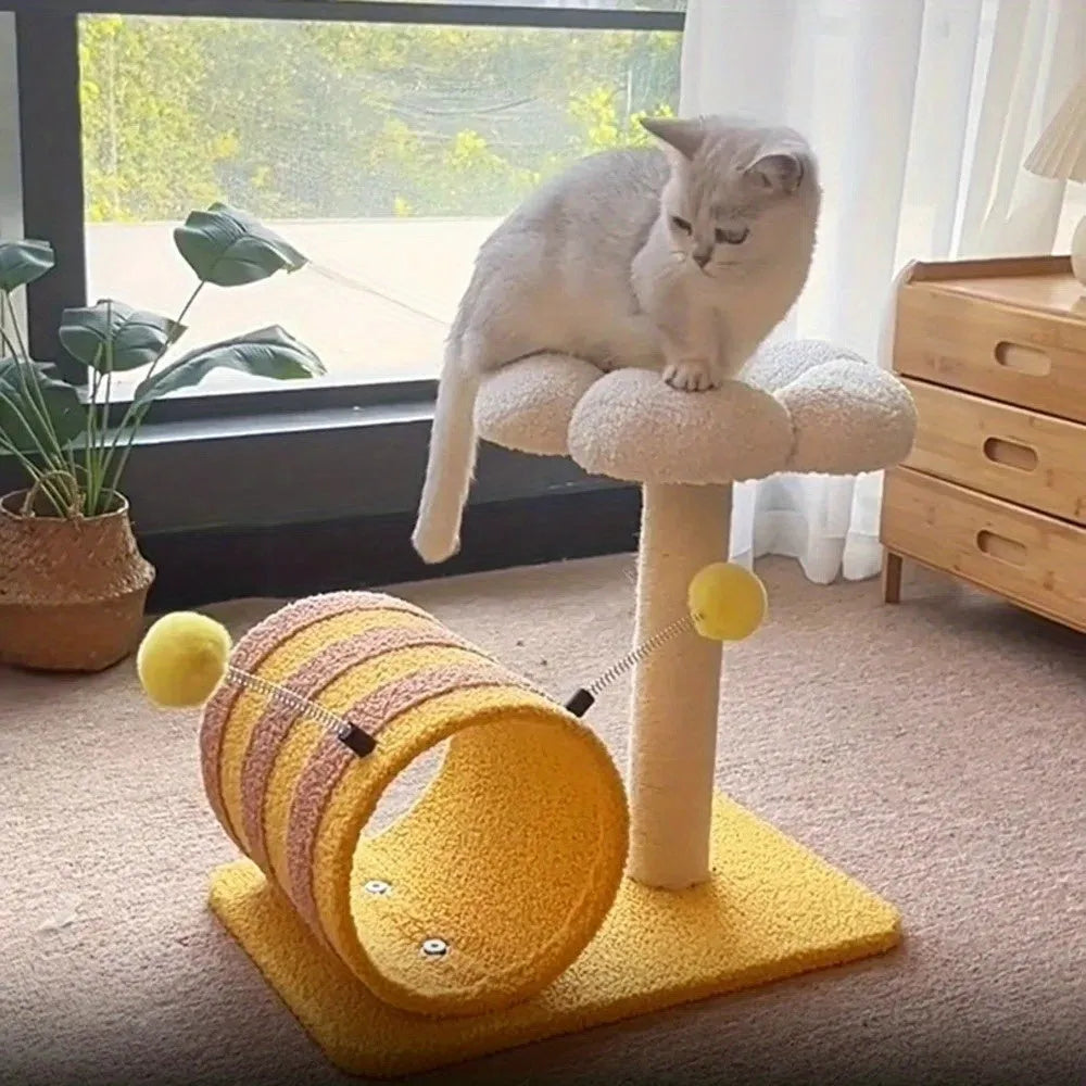 Yellow bee-themed cat climbing frame with sisal scratching board and tunnel, 46cm wide