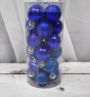 Assorted metallic gold, red, silver, and blue 3cm plastic Christmas bauble ornaments in a box.