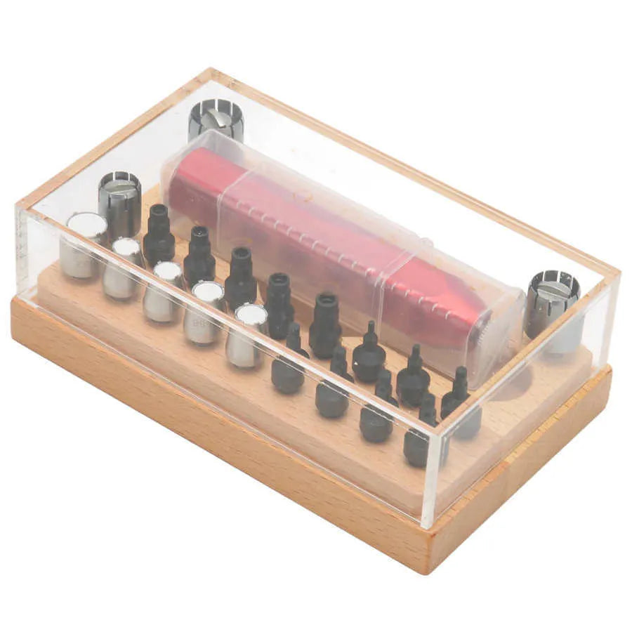 Set of 20 steel watch repair extracting tubes in a storage case for barrel opening and movement repairs