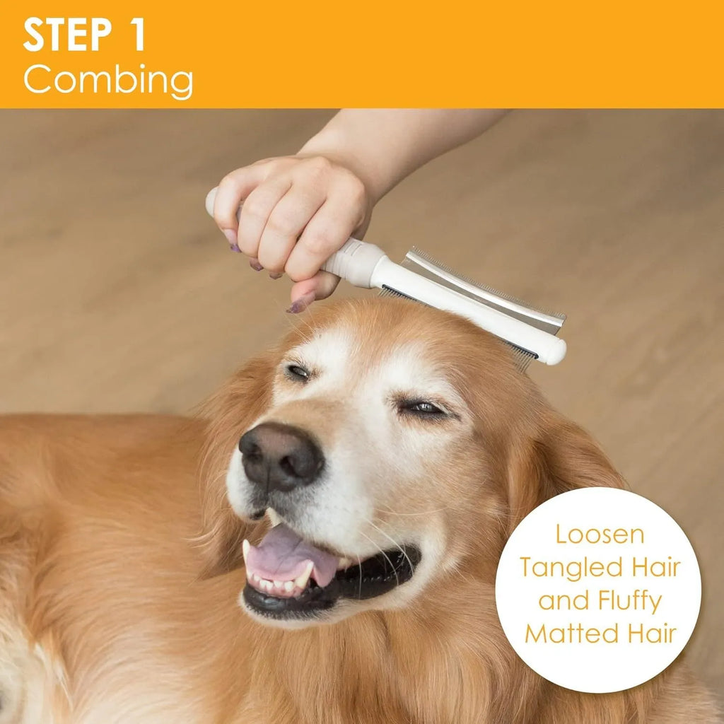 White 2 in 1 pet grooming brush with curved comb and deshedding sides