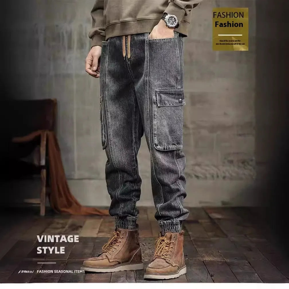 Men’s retro ankle-tied denim jeans in retro colour, mid-waist skinny fit with elastic waist