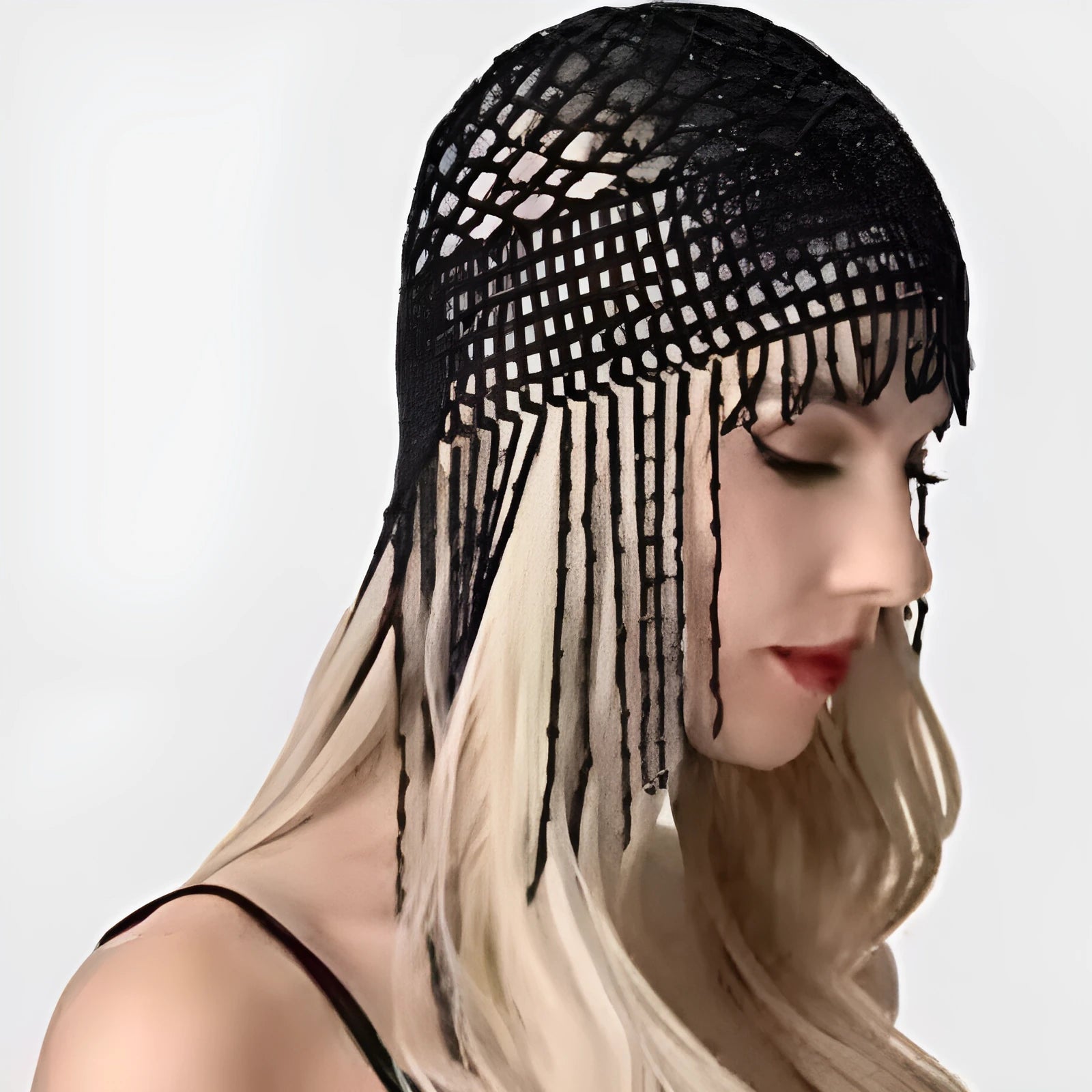 Silver or black alloy belly dance headpiece with decorative tile and beaded tassels