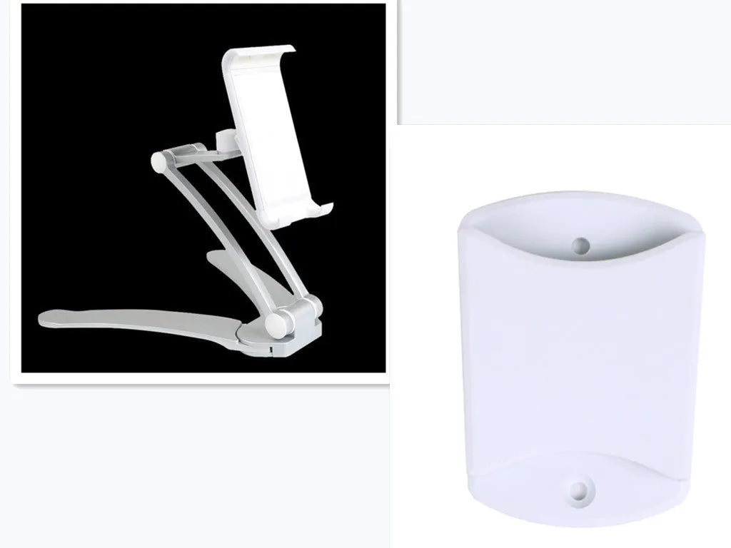 Silver aluminum alloy tablet stand with white mount holding tablet at adjustable angle