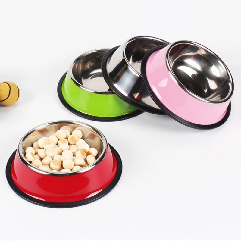 Stainless steel pet bowl with colourful melamine base in non-slip design