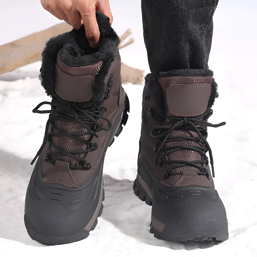 Men's black fleece-lined high-top boots with flat heel and lace-up front.