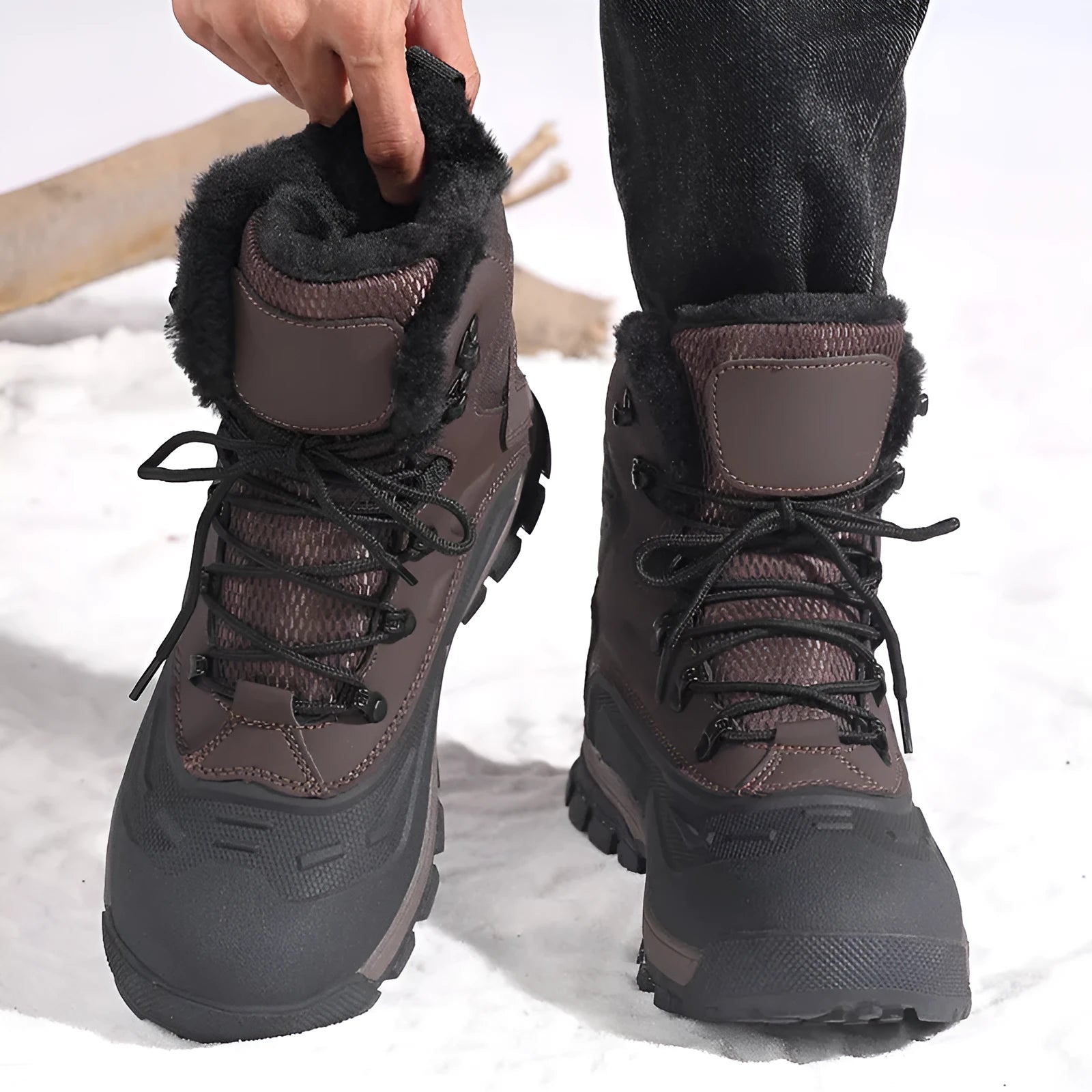 Men's black fleece-lined high-top boots with flat heel and lace-up front.