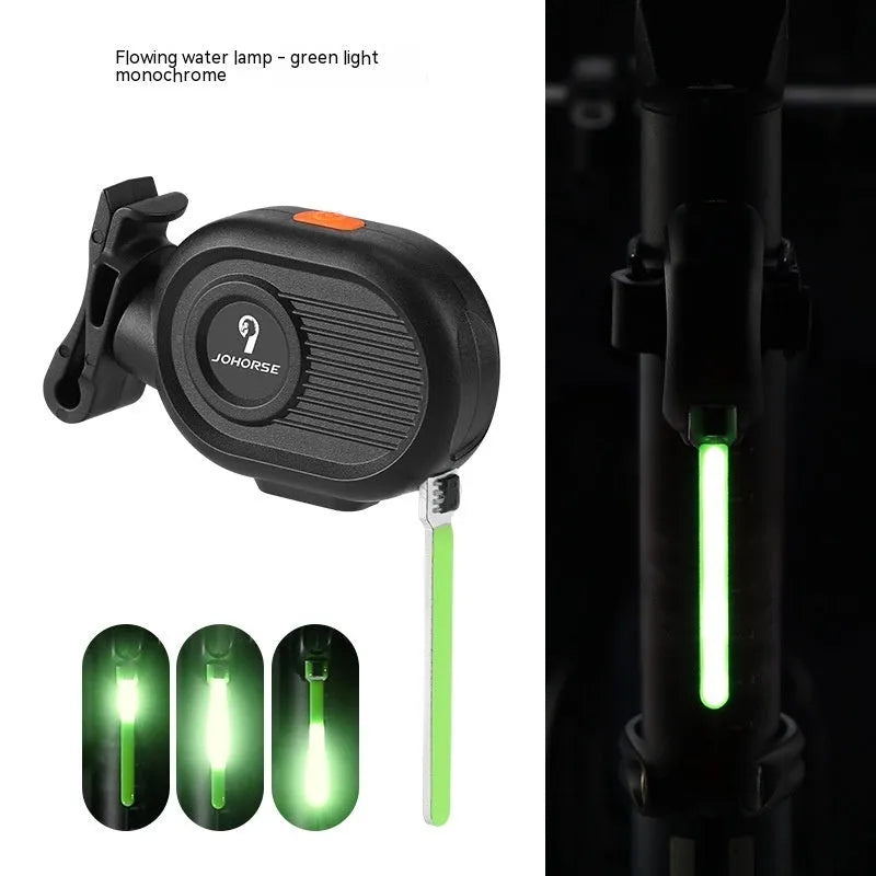 Bicycle running water taillight showing blue waterfall light effect on a bike seat post