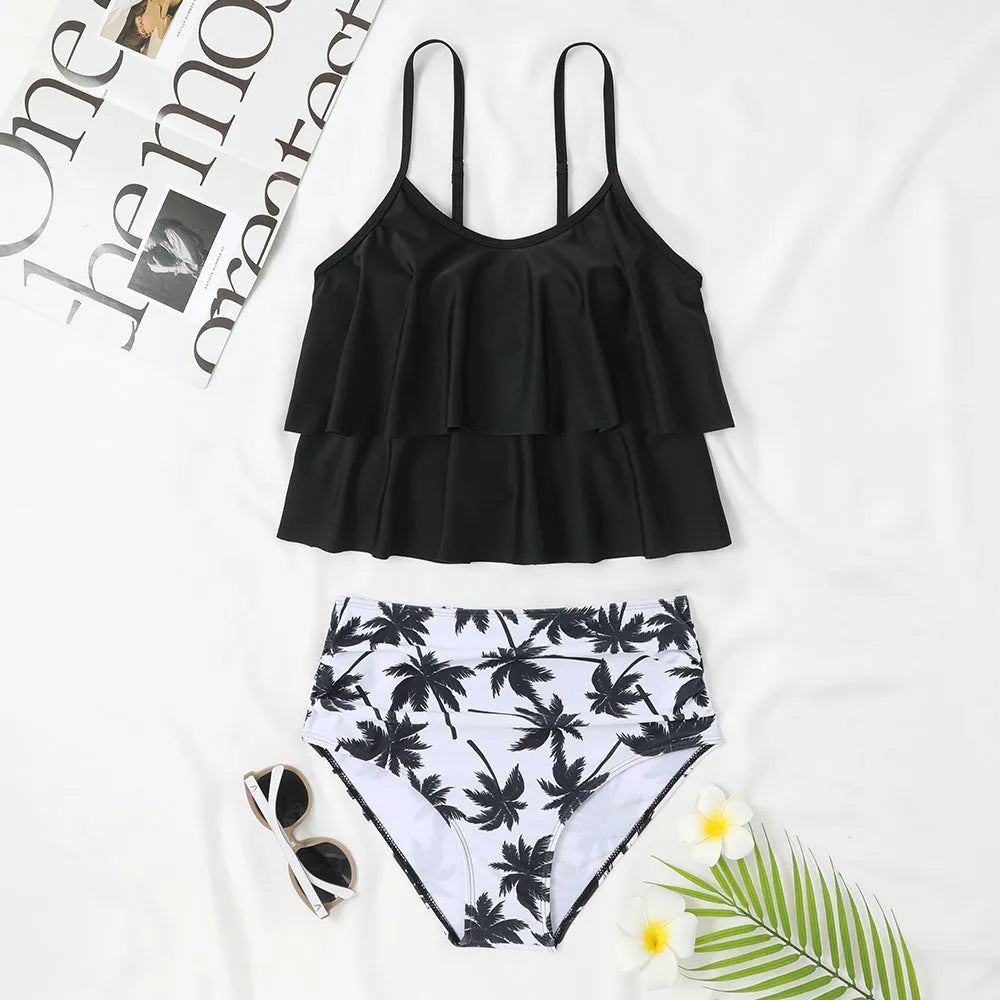 Women's high waist double-layer swimsuit with floral print and sleeveless briefs design