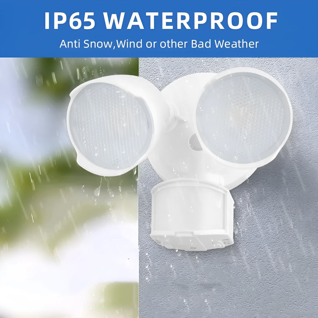 White outdoor LED security floodlight with motion sensor mounted on wall