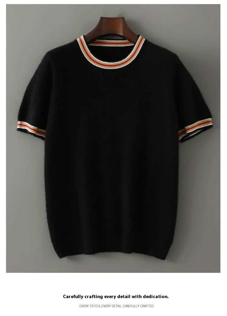 Men's grey pure wool short sleeve round neck pullover sweater laid flat