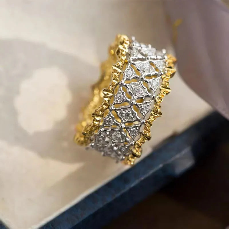 Geometric copper ring with two-tone gold electroplated finish and round zircon detail