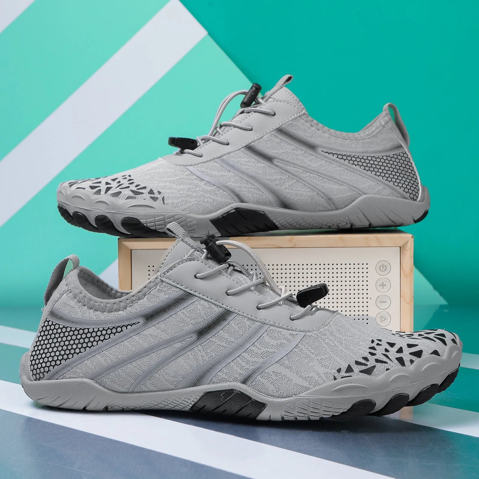 Casual unisex beach running shoes in Lycra stretch fabric, shown in beige, black, blue, grey, and white powder colour options.