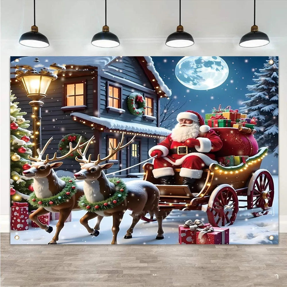 Red Christmas banner with Santa Claus design measuring 210 x 150 cm