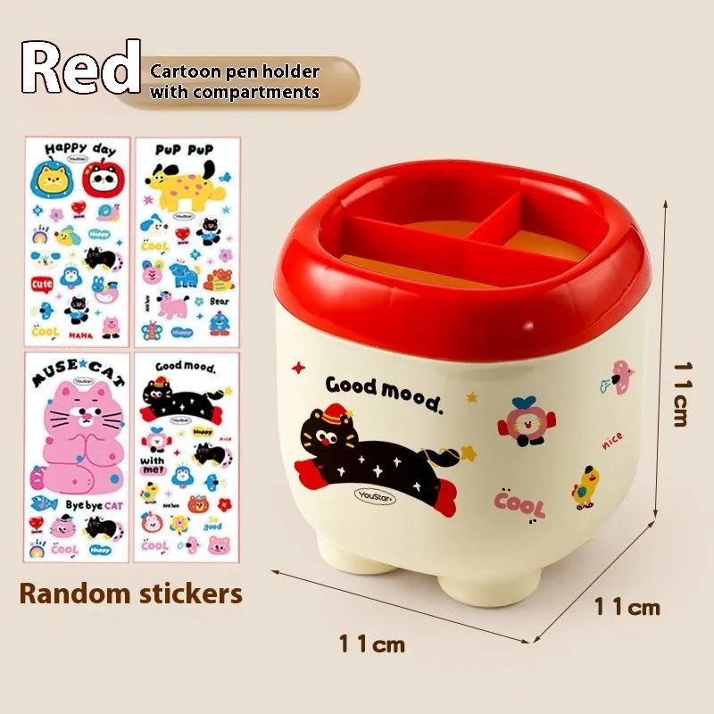 Red and brown cartoon sticker designs on a plastic desktop storage box with grid organiser compartments.