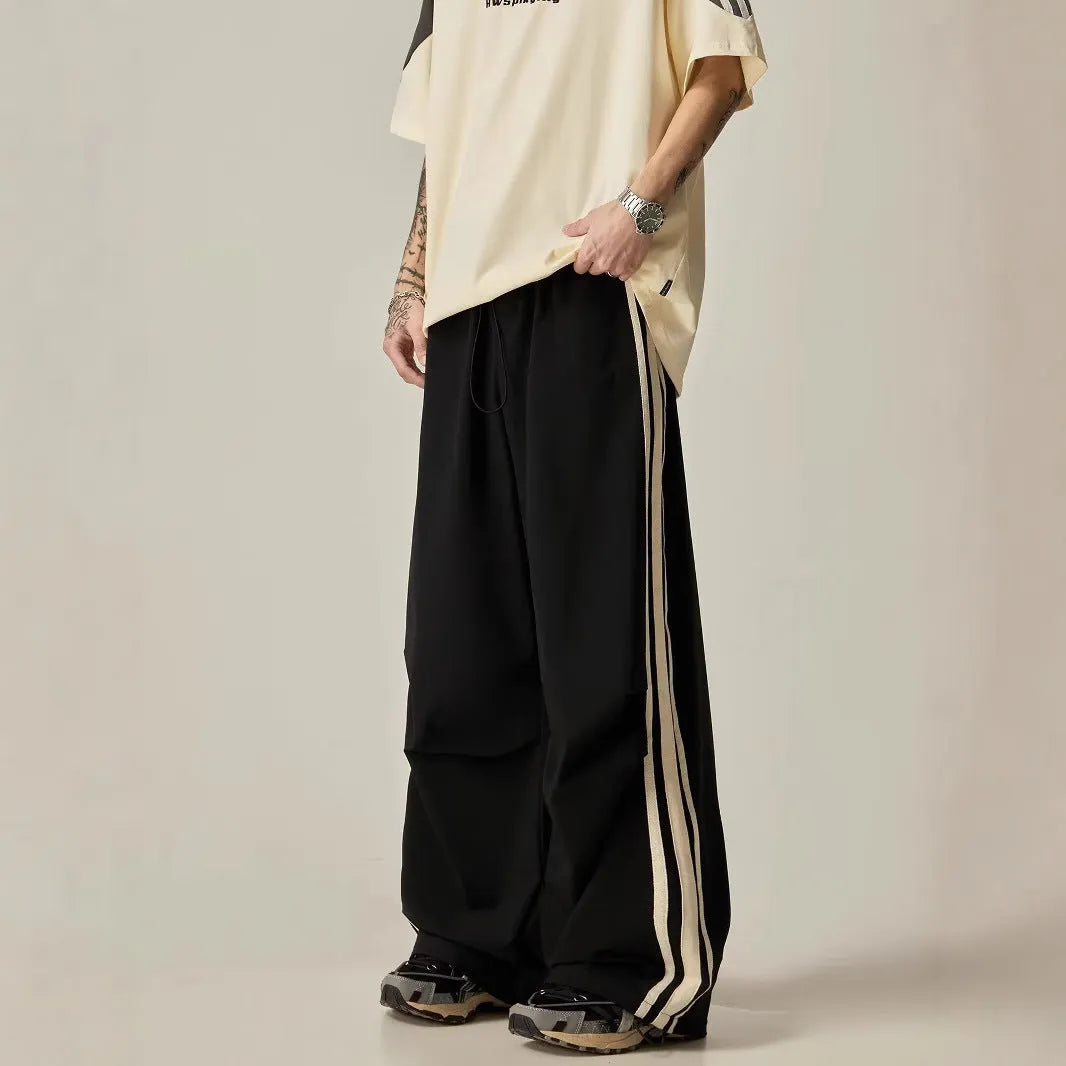 Black men's wide leg climbing trousers with high waist and straight long design