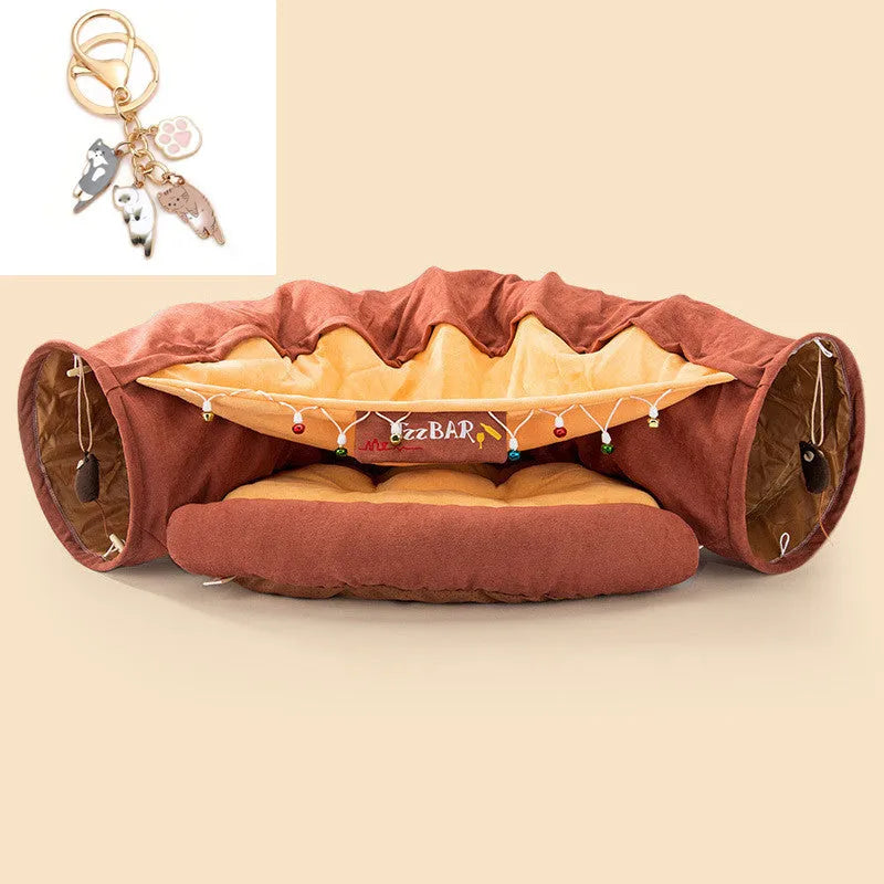Collapsible cloth cat tunnel in Bar, Coffee, Matcha, or Pink colour, shown folded and unfolded.