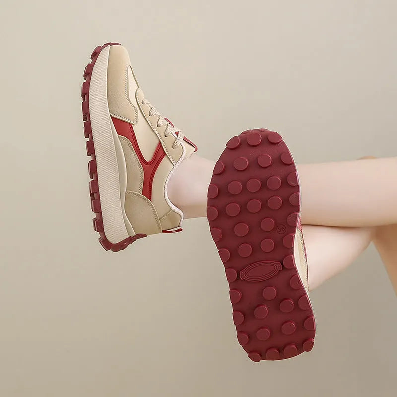 Women's low-top platform trainers with front lace-up design in card black, khaki red and white grey colour options