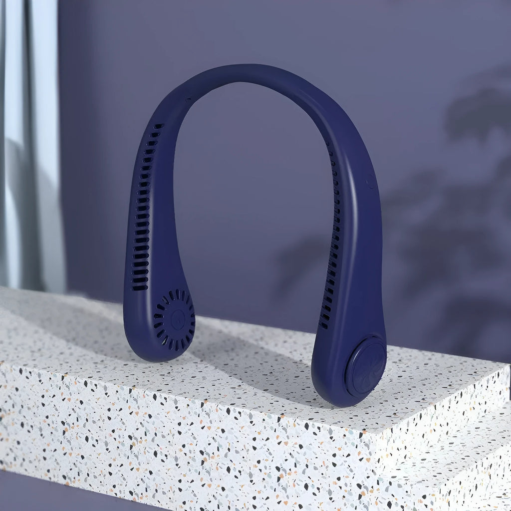 Blue USB rechargeable bladeless neck fan showing adjustable speed settings and flexible neckband