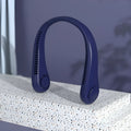 Blue USB rechargeable bladeless neck fan showing adjustable speed settings and flexible neckband