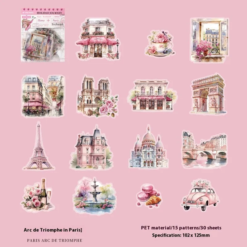 Architecture journal stickers with London Big Ben, Paris Arc de Triomphe and four other landmark designs in retro style