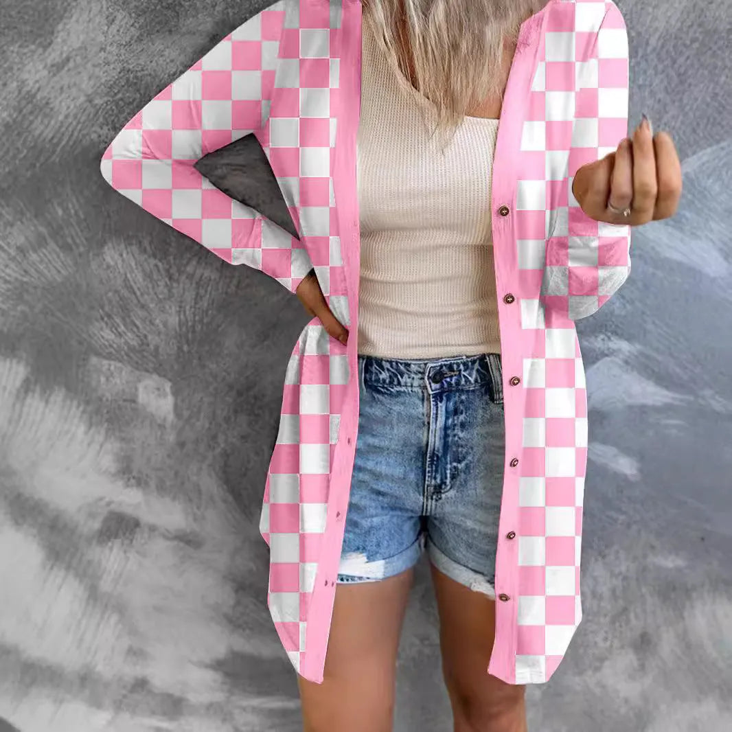 Women's long grey plaid cardigan coat with loose fit and regular sleeves