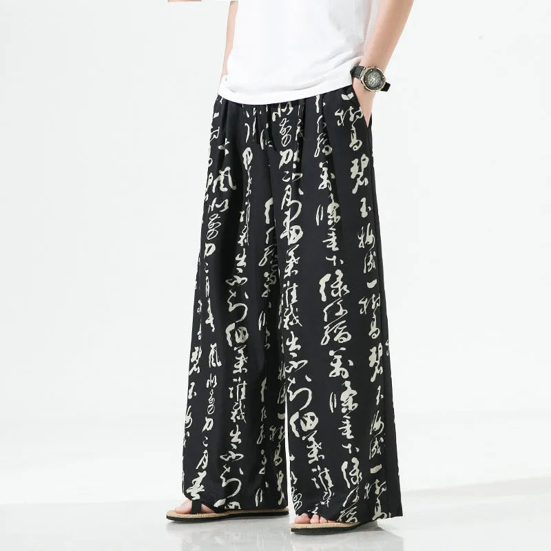 Men's Chinese style printed straight-leg trousers in black bamboo fibre and ice silk fabric