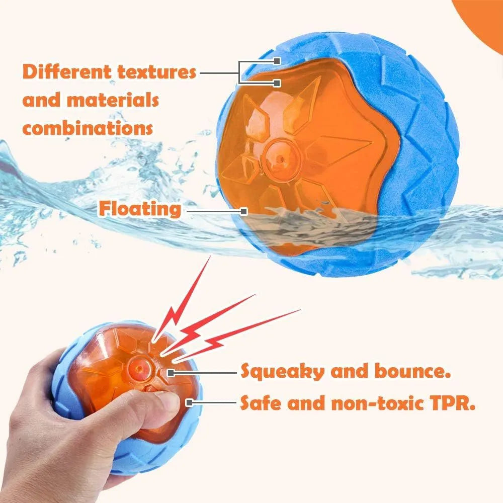 Set of three floating dog toys: blue ball, red barbell, and orange tyre with squeakers