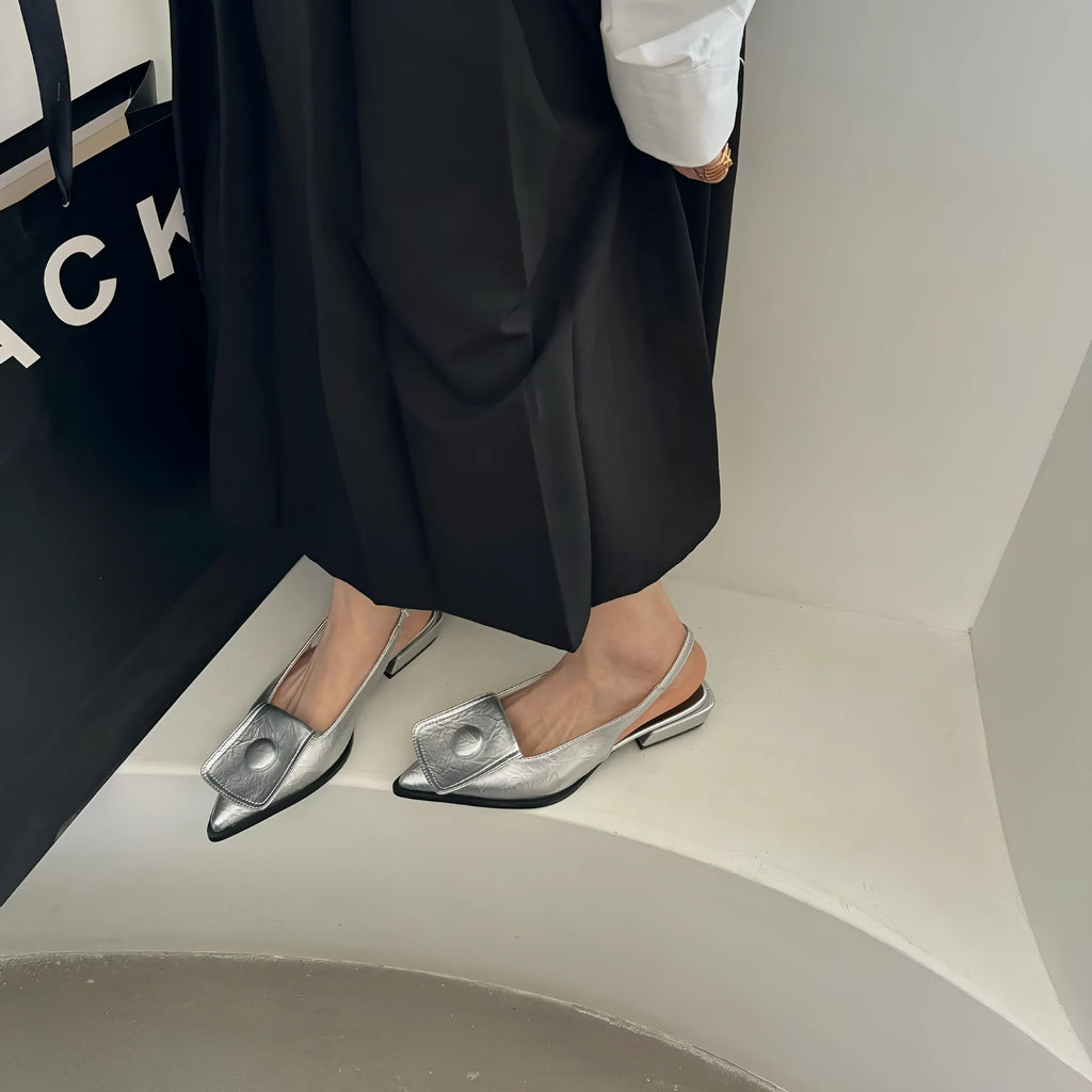 Women's low heel pointed toe sandals with back strap in apricot, black, brown, and silver colours