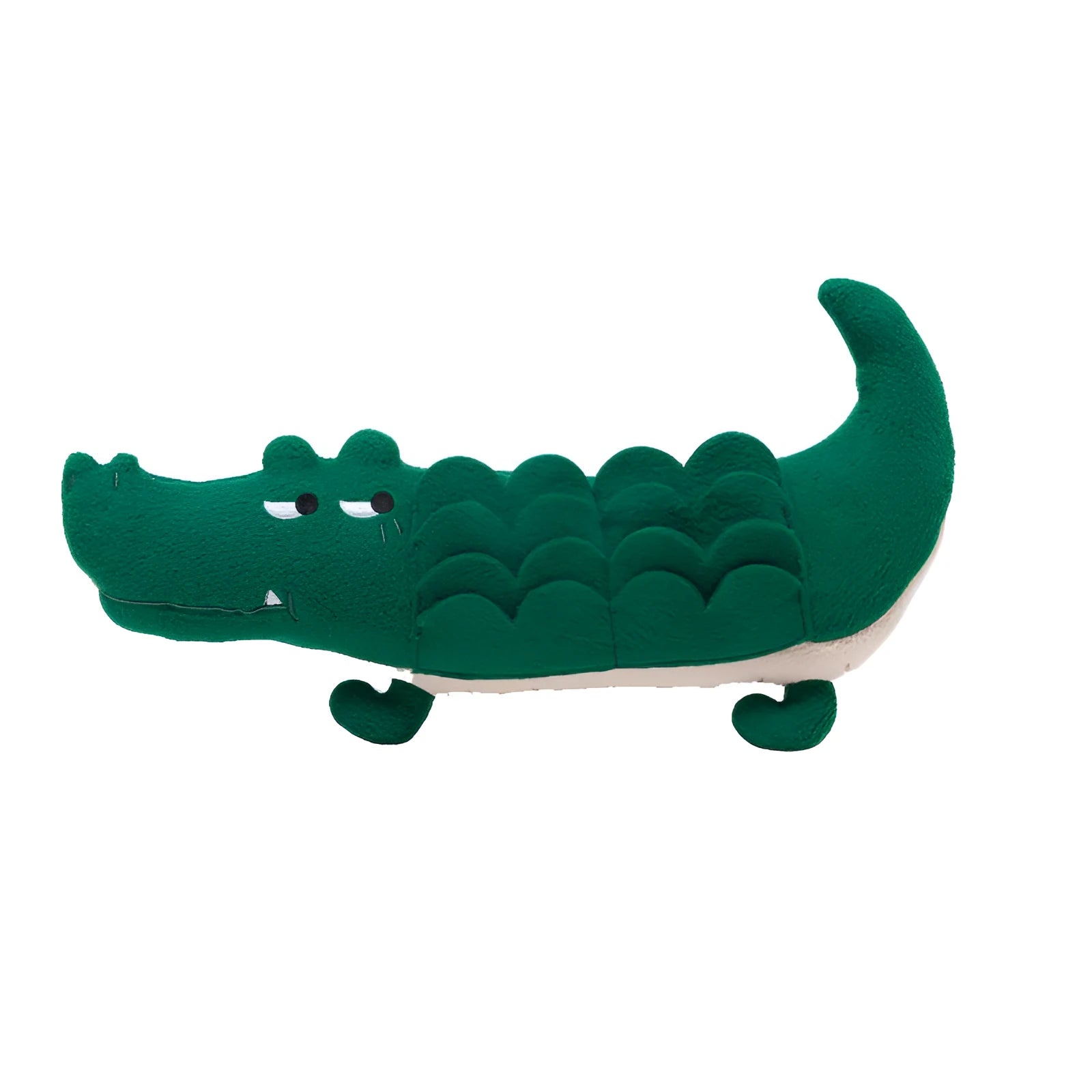 Green plush dog toy measuring 35cm long with soft fabric construction