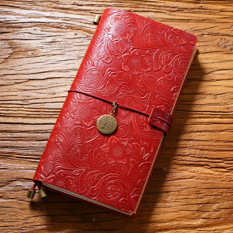 Creative vintage engraving cowhide travel notepad in black A5 size with genuine leather cover