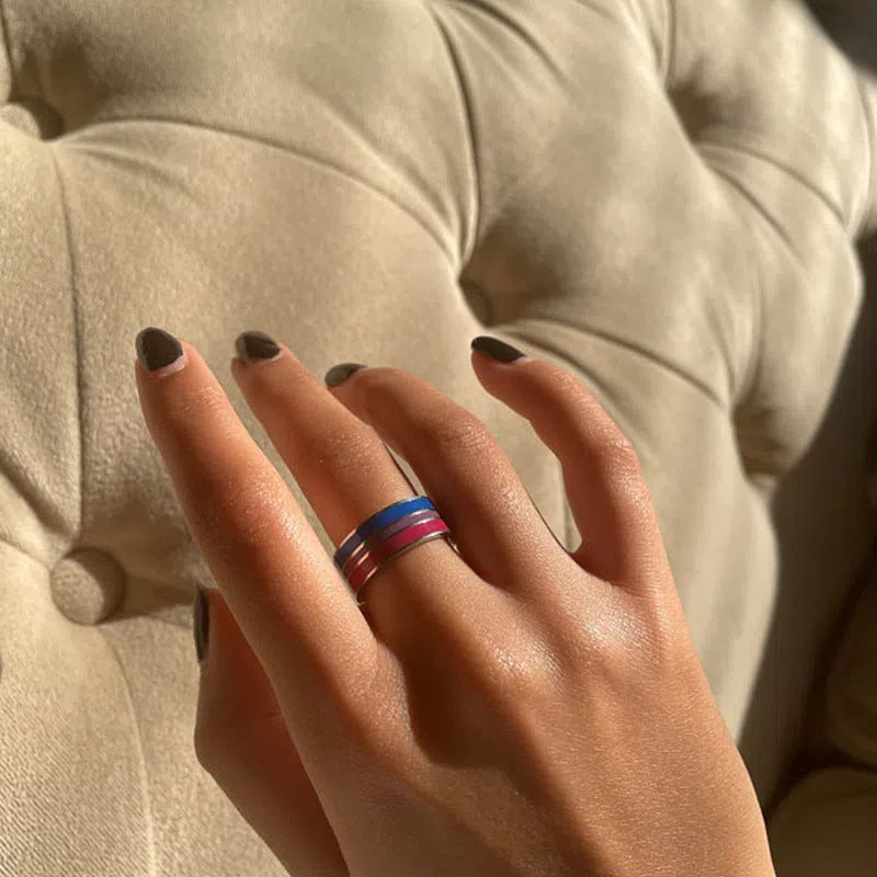 Bisexual pride stainless steel geometric ring in style 1, silver finish, size 10, unisex alternative design